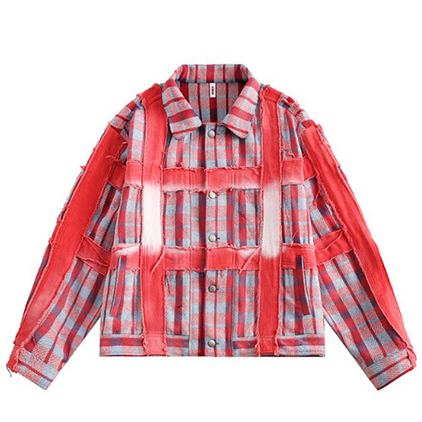 Red Casual Washing Blocks Check Pattern Jacket (8646)