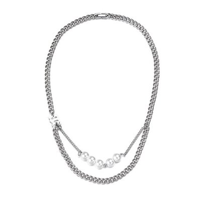 Double Collarbone Pearl Titanium Steel Necklace (7111)