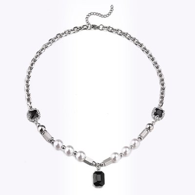 Black Stone Pearls Chain Titanium Steel Necklace (7141)