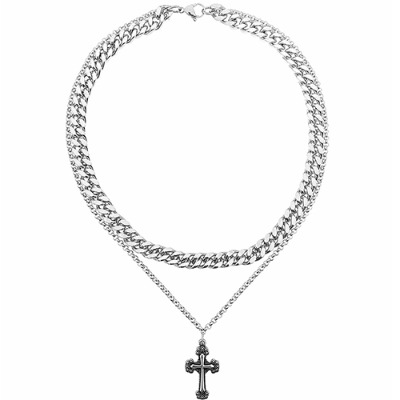 Cross Pendant Double Steel Chain Necklace (9789)