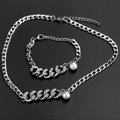 Pearl Chain Connect Steel Bracelet &amp; Necklace (9748)