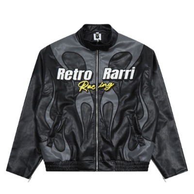 Black Retro Rarri Racing Fire Leather Jacket (1899)