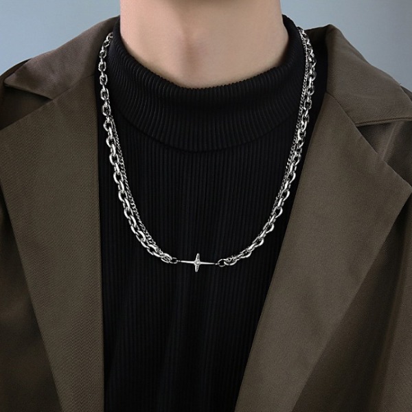 Cross Double Chain Titanium Steel Necklaces (3687)