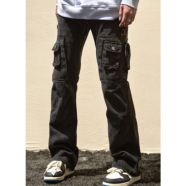 Black Solid Multi Pockets Cargo Denim Pants (3816)