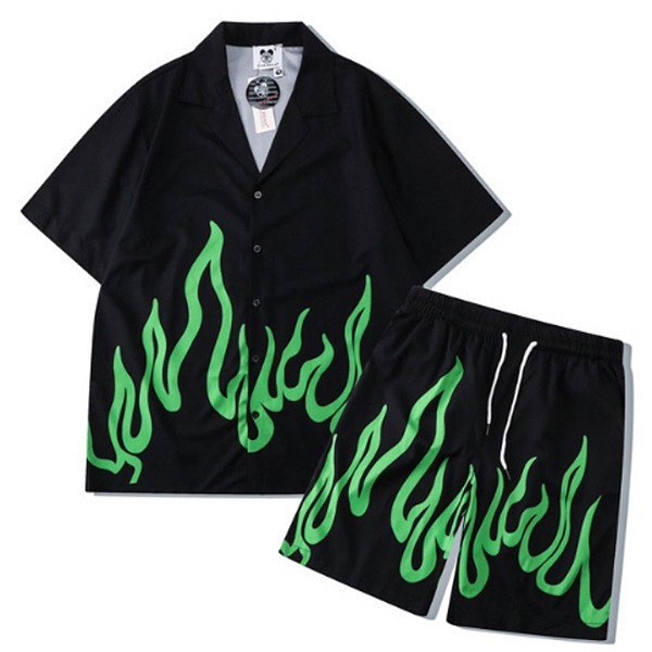 Black Green Burning Printing 1/2 Shirt &amp; Pants SET (3807)