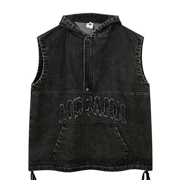 Black Washing Denim Embroidery Hood Vest (4426)