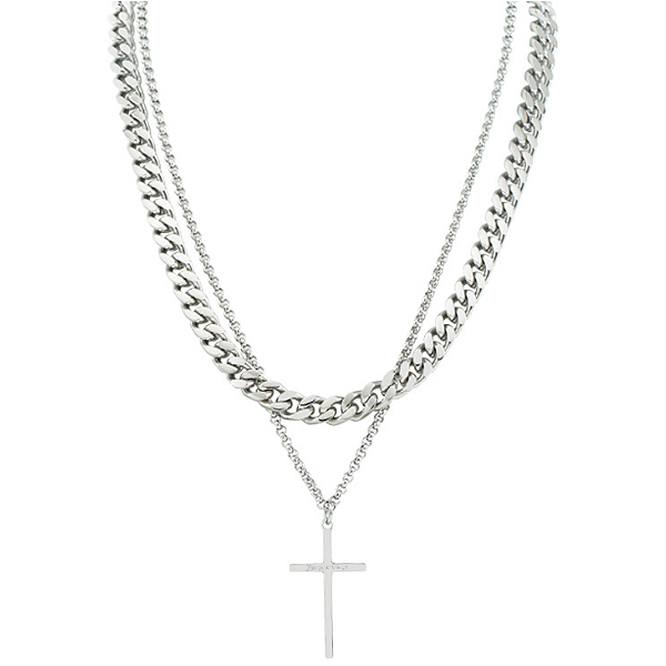 Silver Double Chain Cross Pendant Street Necklace (4501)