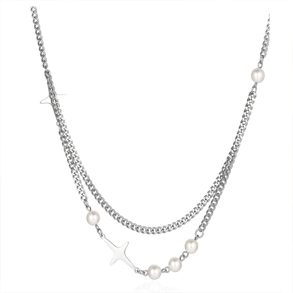 Pearl Shining Pendant Surgical Double Chain Necklace (4550)