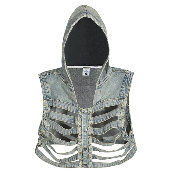 Unique Fringe Perforated Denim 2Color Hood Vest (5216)