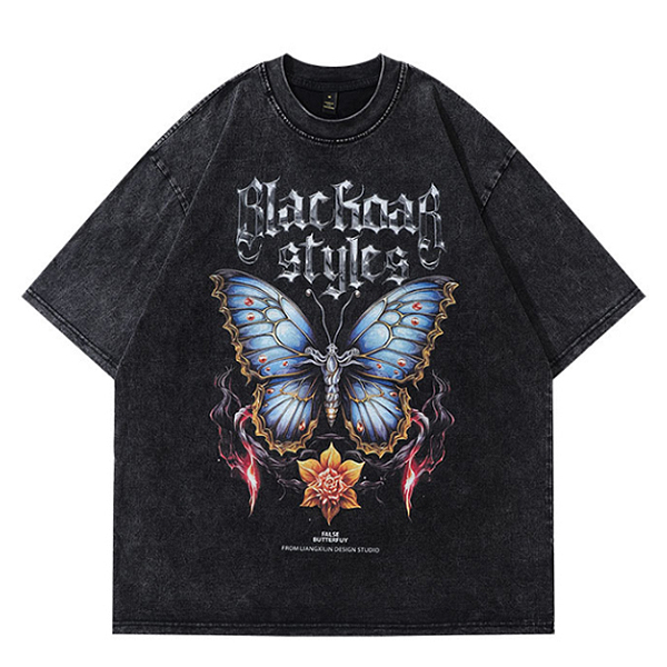 Vintage Black Real Burning Butterfly Lettering TEE (5288)