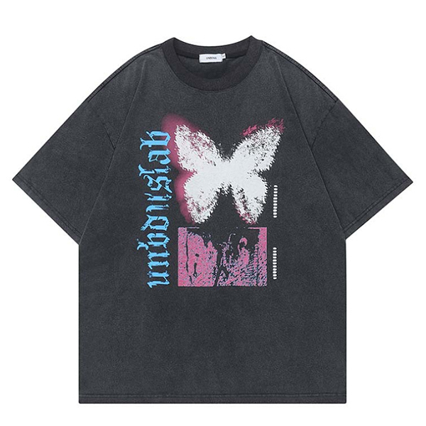 Vintage Black Washing Butterfly Lettering TEE (5302)