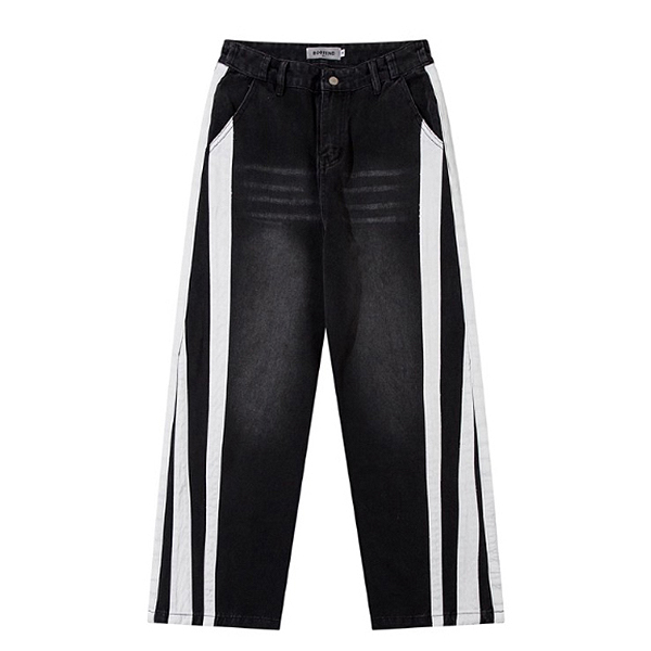 Black Simple Colored Lines Denim Wide Pants (5905)