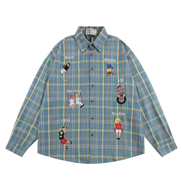 Moving Illust Embroidery Check 2Color Shirt (6165)