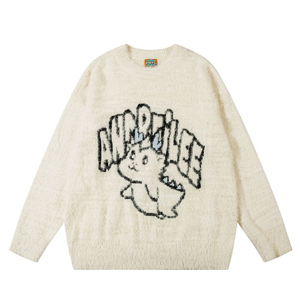 Dinosaur Illust Embroidery 2Color Knit Sweater (6563)