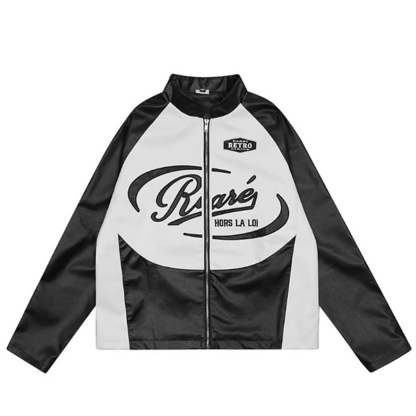 Blackwhite Retro Logo Highneck Leather Jacket (6567)