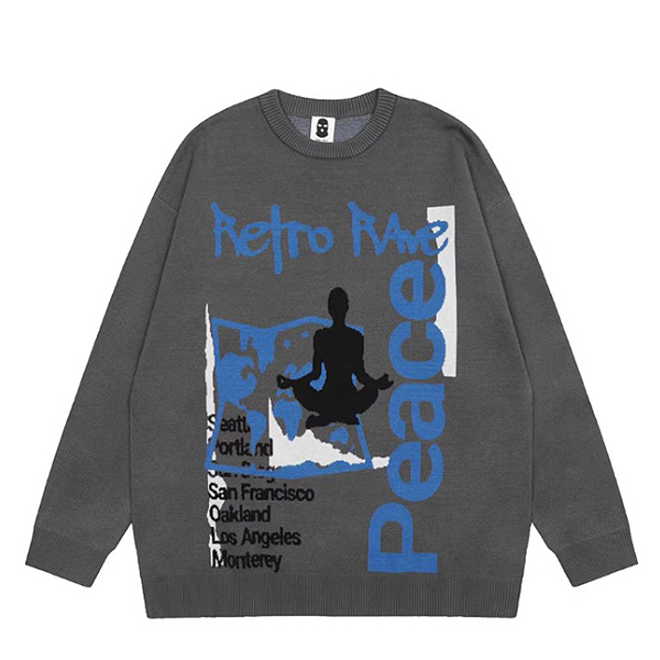 Gray Retro Peace Meditation Knit Sweater (6590)