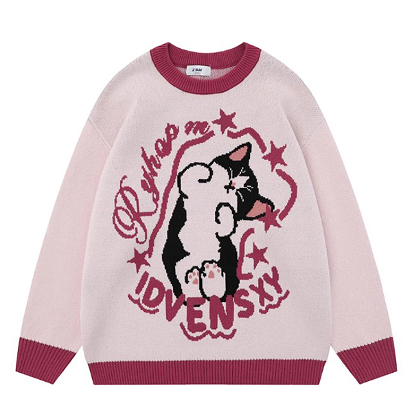Cute Big Cat Embroidery 2Color Knit Sweater (6554)