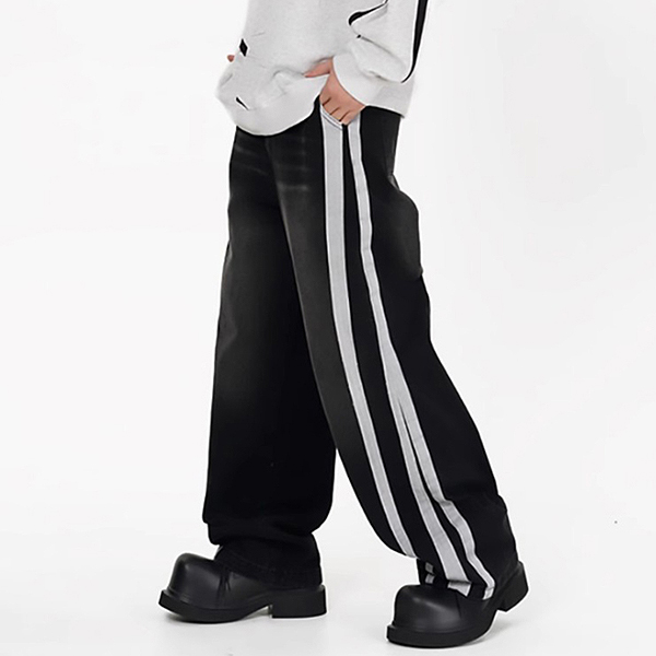 Black Thick Side Colored Lines Denim Wide Pants (7669)