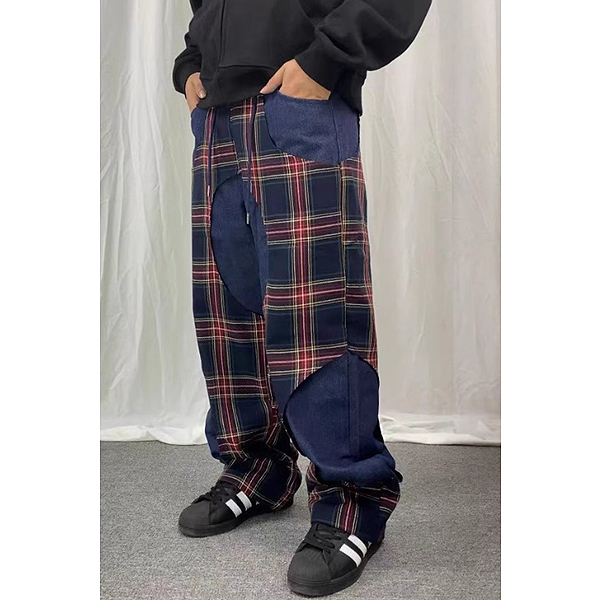 Big Check Pattern Hole Layered 2Color Casual Pants (7846)