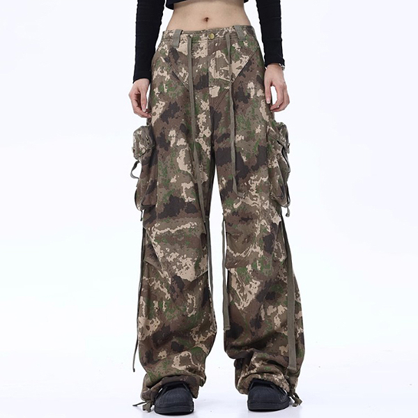 Military Camouflage Pattern Long Strap Cargo Wide Pants (7848)