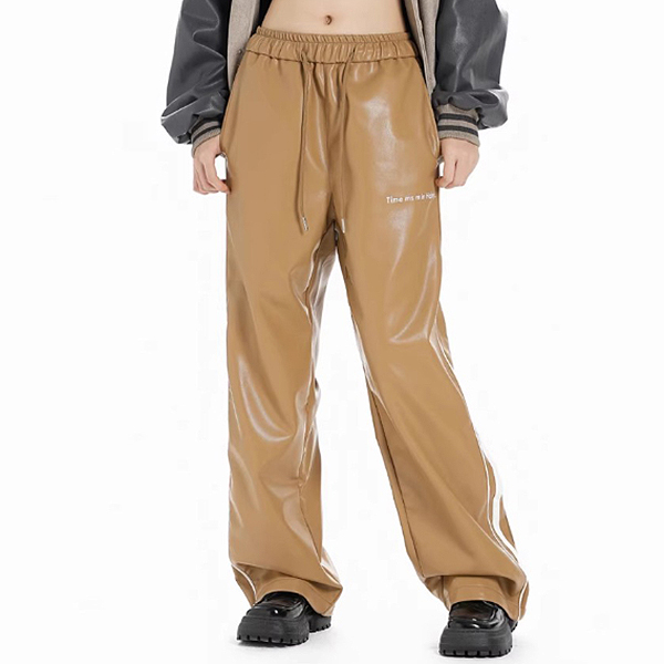 Time Lettering Embroidery Leather 2Color Casual Pants (7894)