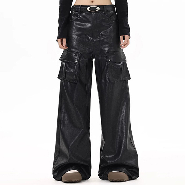 Black Slippery Leather Multi Pockets Wide Pants (7852)