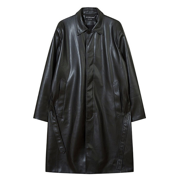 Black Unisex Classic Soft Leather Belt Long Coat (8053)