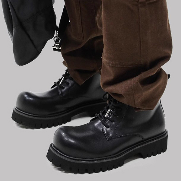 Black Round Nose Smooth Cow Leather Worker Boots (8088)