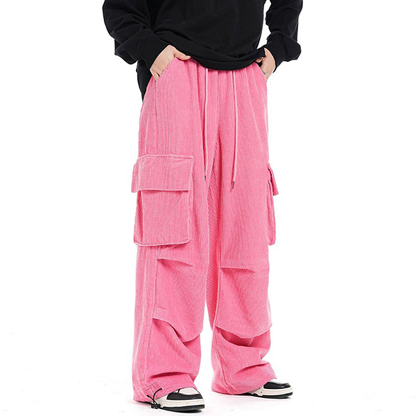 Pink Corduroy Shirring Pintuck Cargo Casual Pants (8214)