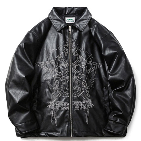 Funky Skull Big Stitch Embroidery Leather 2Color Jacket (8246)