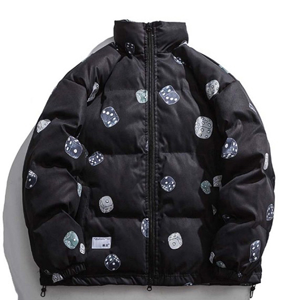 Black Colorful Dices Pattern Highneck Padding Jacket (8283)