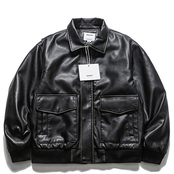 Black Classic Flat Big Pocket Leather Padding Jacket (8287)