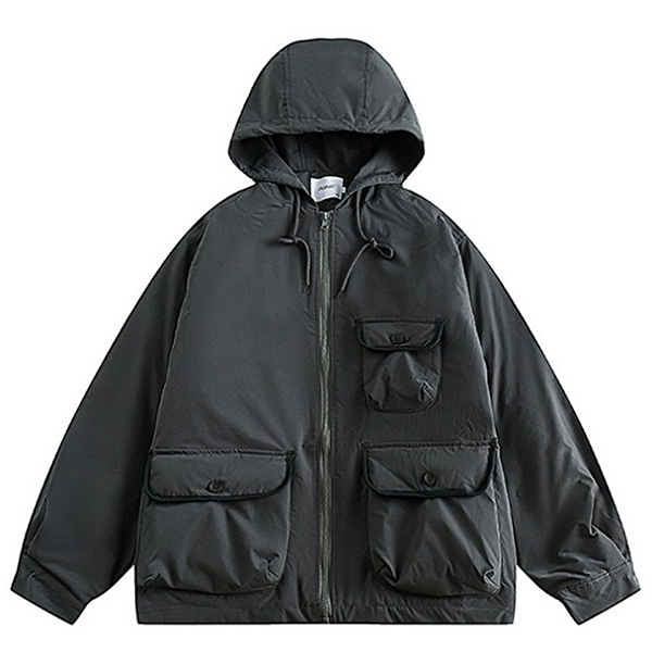 Gray Plain Solid Big Pockets Hood Padding Jacket (8288)