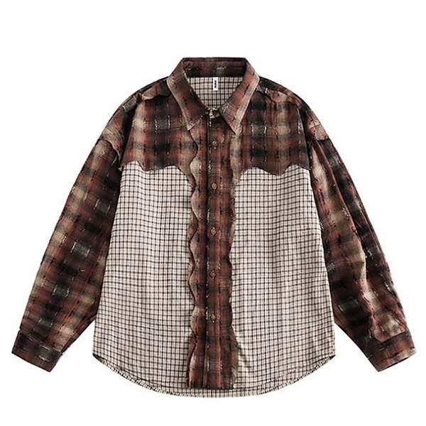 Brown Wave Layered Grid Check Pattern Loose Shirt (8310)