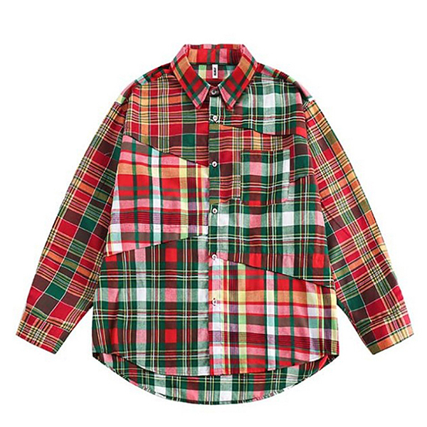 Red Green Mix Colored Check Pattern Patchwork Shirt (8311)