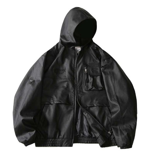 Black Matte Leather Lettering Solid Pocket Hood Jacket (8334)