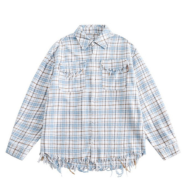 Clean Light Blue White Check Pattern Fringe Pocket Shirt (8345)
