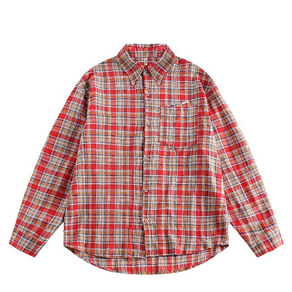 Red Tag Layered Pocket Check Pattern Loose Shirt (8347)