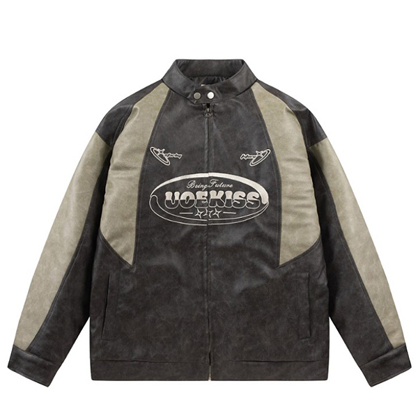 Gray Uoekiss Big Logo Colored Classic Leather Jacket (8373)