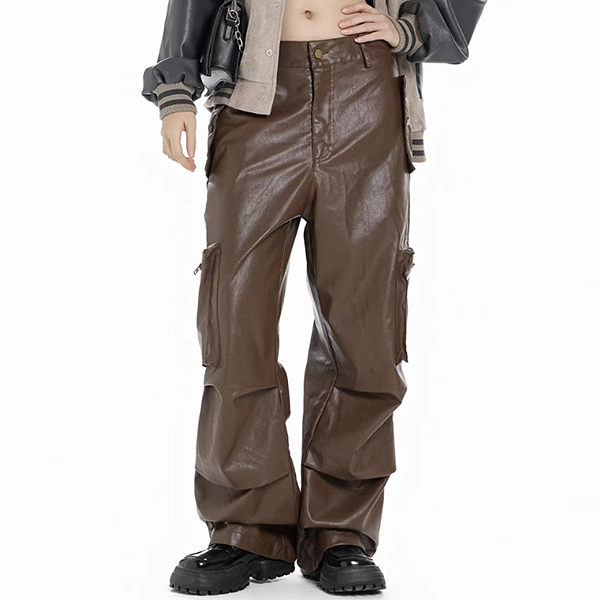 Slippery Leather Pintuck Wide Pocket Long 2Color Pants (8469)