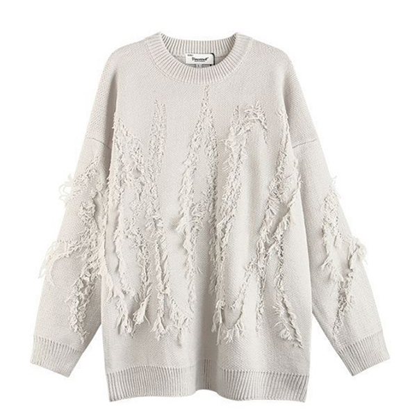 Whole Fringe Embroidery Loose 2Color Knit Sweater (8481)