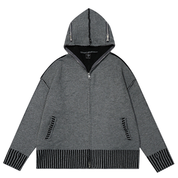 Gray Stitch Embroidery Point Twoway Hood Knit Zip-Up (8515)