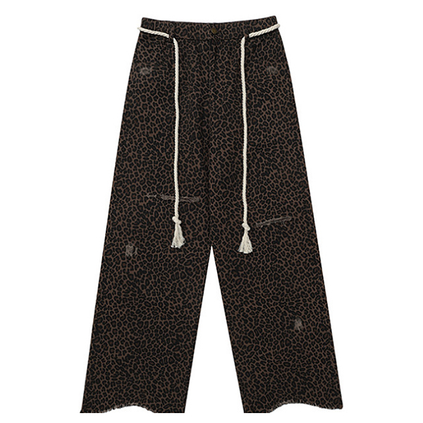 Brown Leopard Rope String Damages Cutting Wide Pants (8489)