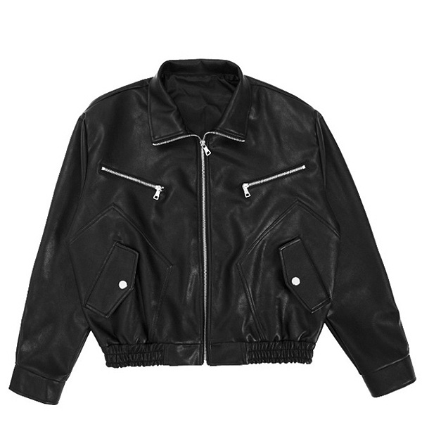 Black Daily Casual Stitch Pocket Leather Jacket (8546)