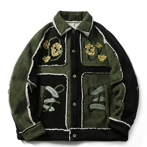 Green Black Flower Embroidery Suede Mustang Jacket (8532)