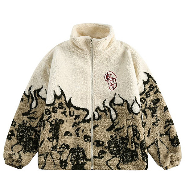 Khaki Half Fire Embroidery Highneck Wool Jacket (8575)