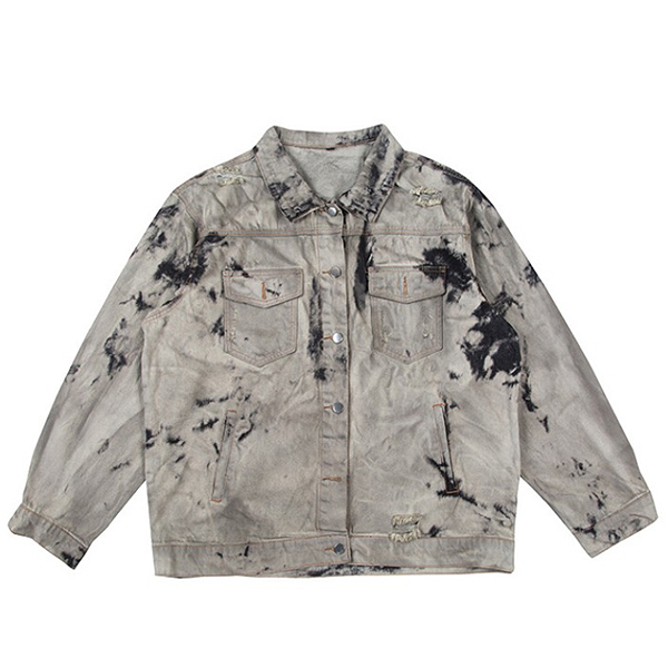 Gray Marble Tiedye Pattern Mini Pockets Denim Jacket (8578)
