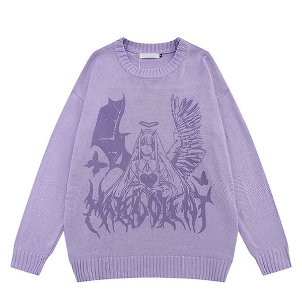 Half Angel Devil Girl Embroidery 3Color Knit Sweater (8579)