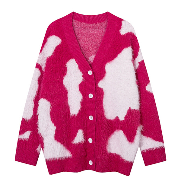 Big Cow Pattern Fluffy Loose 2Color Knit Cardigan (8582)