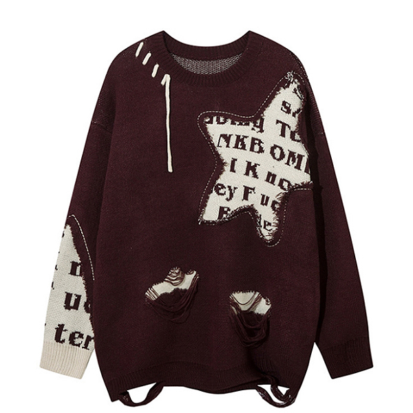 Stitch Star Lettering Layered Damages 2Color Knit Sweater (8598)